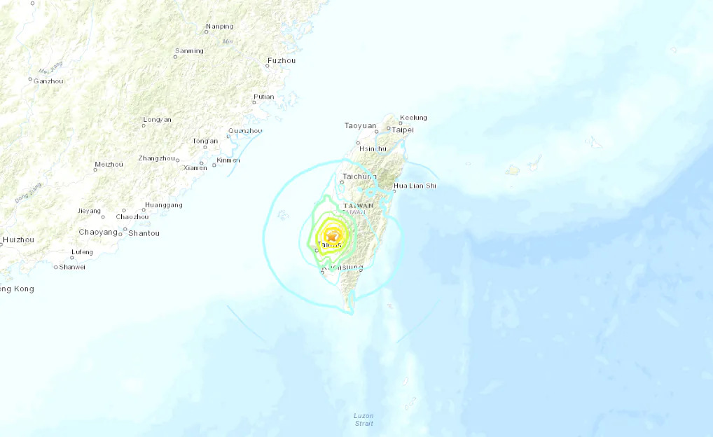 A map shows the location of a magnitude 6 earthquake that struck north of Yujing, Taiwan, on Jan. 21, 2024. (USGS/Screenshot via The Epoch Times)