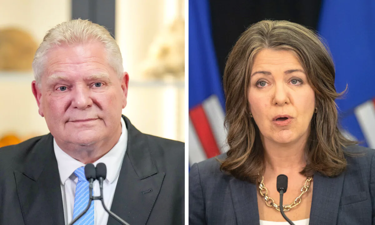 (L-R) Ontario Premier Doug Ford speaks at an announcement in Toronto on Jan. 13, 2025. (The Canadian Press/Chris Young); Alberta Premier Danielle Smith introduces legislation addressing agreements between the federal government and provincial entities in Edmonton on April 10, 2024. (The Canadian Press/Jason Franson)