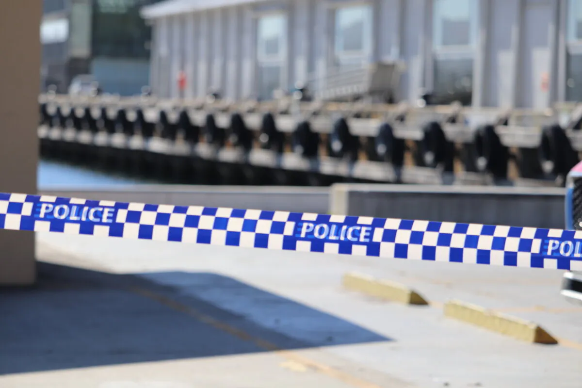 Police tape at Franklin Wharf in Hobart, Tasmania of Australia on Jan. 30, 2024. (AAP Image/Ethan James) 