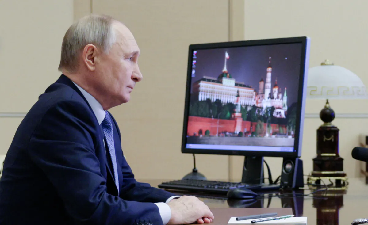 Russian President Vladimir Putin chairs a Security Council meeting via video conference at the Novo-Ogaryovo state residence outside Moscow on Jan. 20, 2025. (Gavriil Grigorov/Pool/AFP via Getty Images)