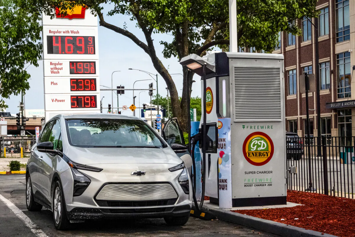 An electric car at a charging station in Chicago on May 21, 2024. (Scott Olson/Getty Images)