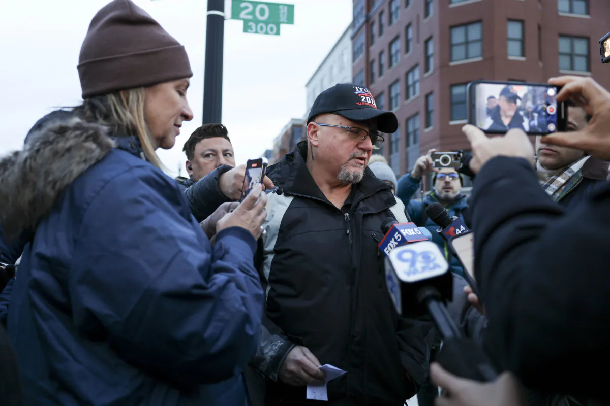 Stewart Rhodes speaks with media in Washington, after being released from federal prison in Cumberland, Md., on Jan. 21, 2025. (Kayla Bartkowski/Getty Images)