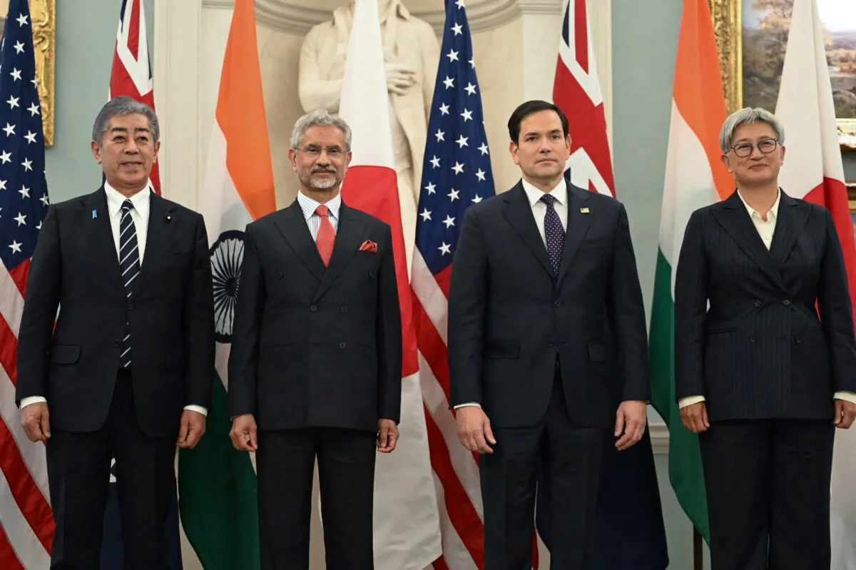 Secretary of State Marco Rubio (second from right) stands alongside Indo-Pacific Quad ministers (L-R) Japanese Foreign Minister Iwaya Takeshi, Indian Foreign Minister Subrahmanyam Jaishankar, and Australian Foreign Minister Penny Wong, during a photo opportunity before meetings at the State Department in Washington on Jan. 21, 2025. (Andrew Caballero-Reynolds/AFP via Getty Images)