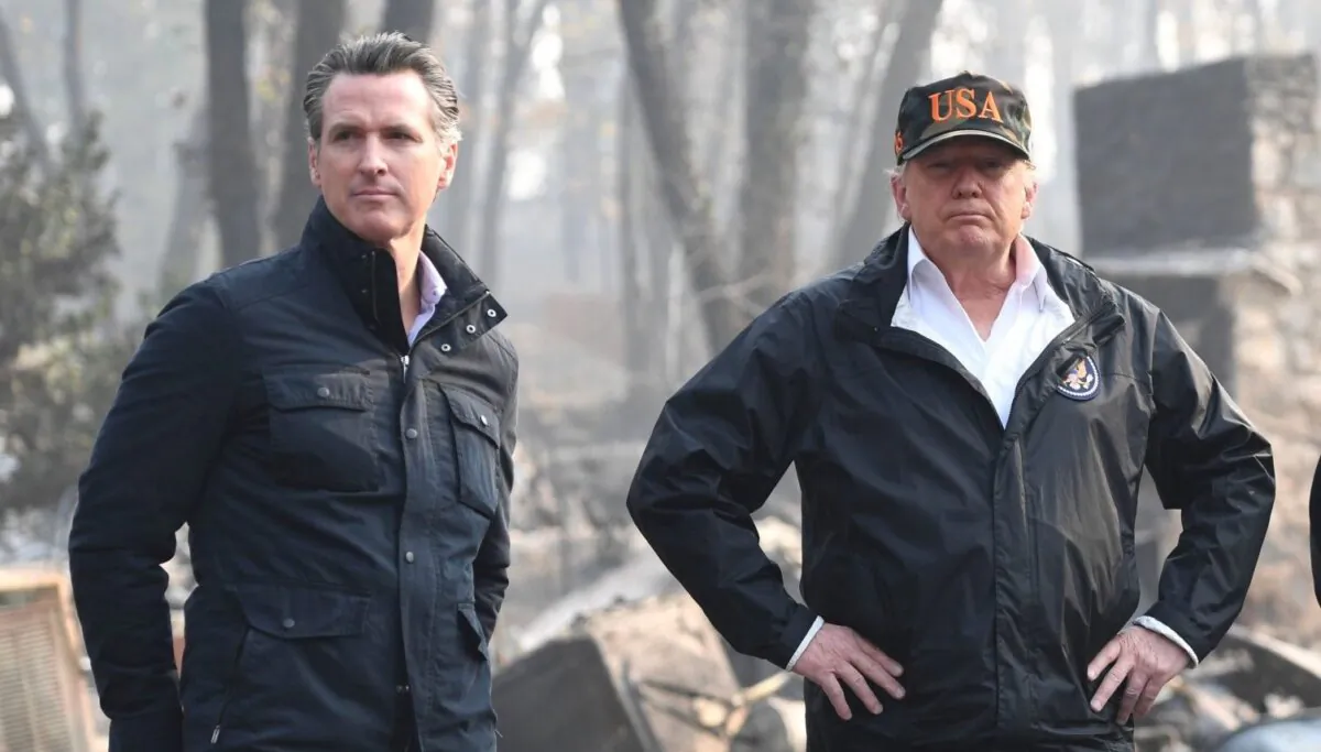 President Donald Trump (R) looks on with California Gov.-elect Gavin Newsom, as they view damage from wildfires in Paradise, Calif., on Nov. 17, 2018. (Saul Loeb/AFP via Getty Images)