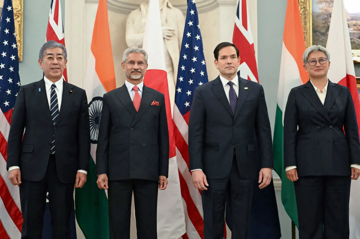 USecretary of State Marco Rubio (2R) stands alongside Indo-Pacific Quad ministers (L–R) Japanese Foreign Minister Iwaya Takeshi, Indian Foreign Minister Subrahmanyam Jaishankar, and Australian Foreign Minister Penny Wong, during a photo opportunity before meetings at the State Department in Washington on Jan. 21, 2025. (Andrew Caballero-Reynolds/AFP via Getty Images)