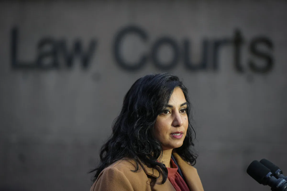 B.C. Attorney General Niki Sharma responds to questions outside B.C. Supreme Court in Vancouver on Nov. 27, 2023. (The Canadian Press/Darryl Dyck)