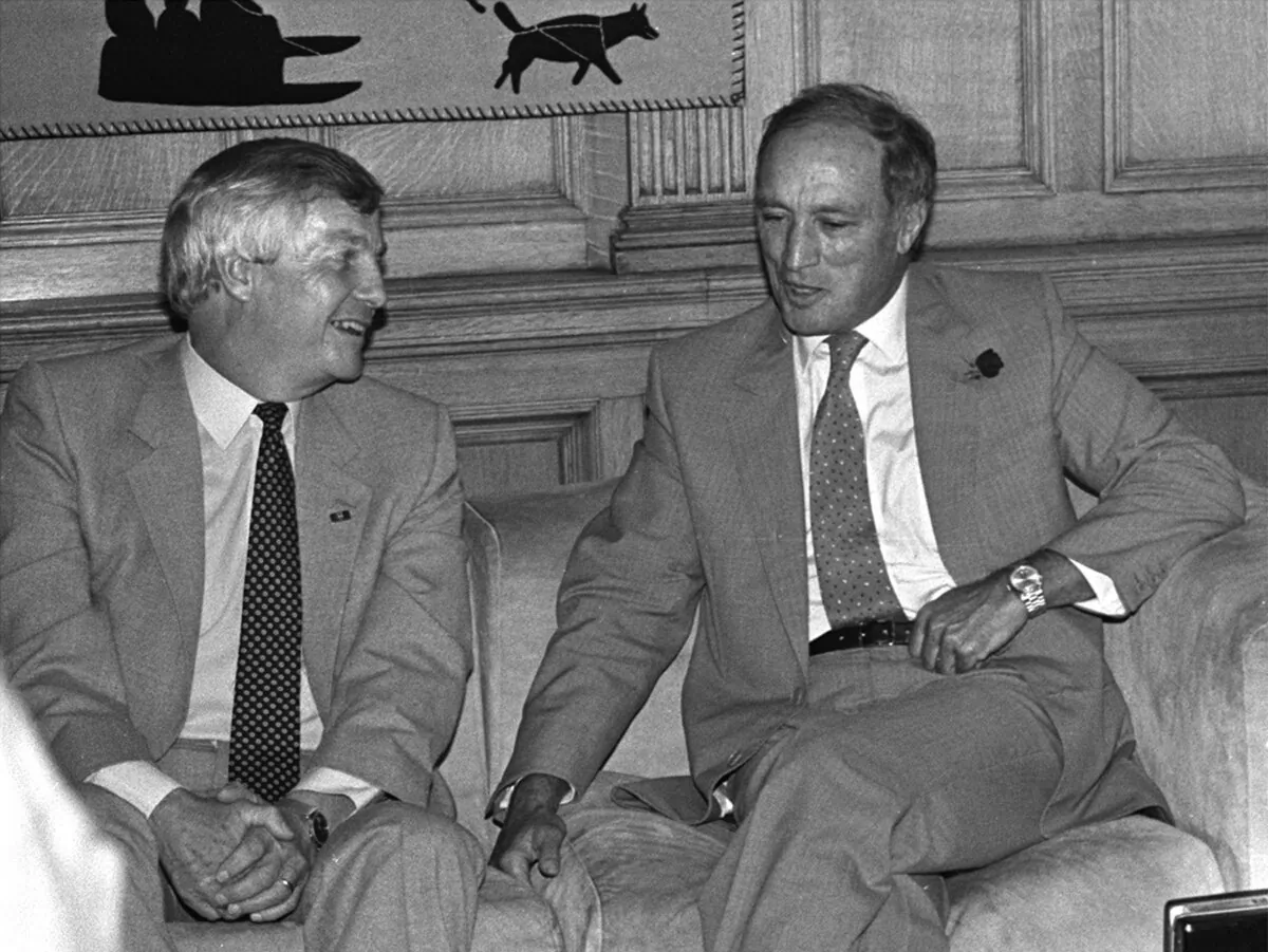 Alberta Premier Peter Lougheed and Prime Minister Pierre Trudeau meet in Trudeau's Parliament Hill office to finalize a tentative oil pricing agreement, in a file photo. (The Canadian Press/Dave Buston)