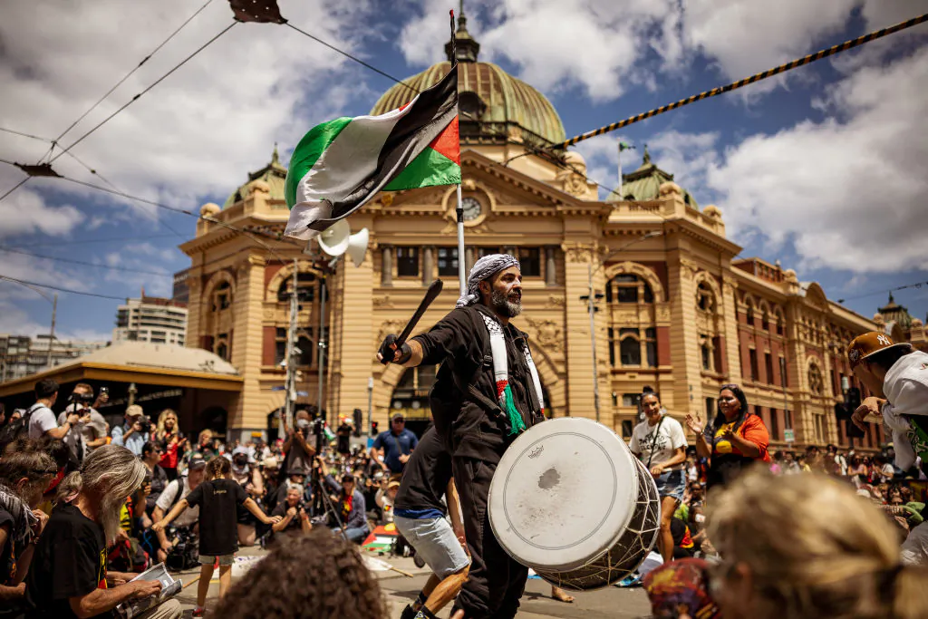Palestinian men join in solidarity with Aboriginal people during the Invasion Day Rally in Melbourne, Australia on Jan. 26, 2024. (Tamati Smith/Getty Images)