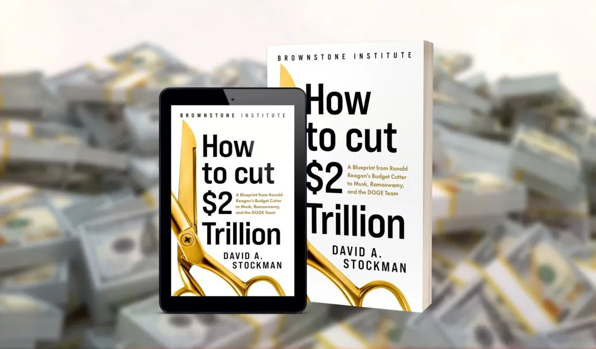 The cover of David Stockman's new book, “How to Cut $2 Trillion: A Blueprint From Ronald Reagan’s Budget Cutter to Musk, Ramaswamy and the DOGE Team.” (Brownstone Institute)
