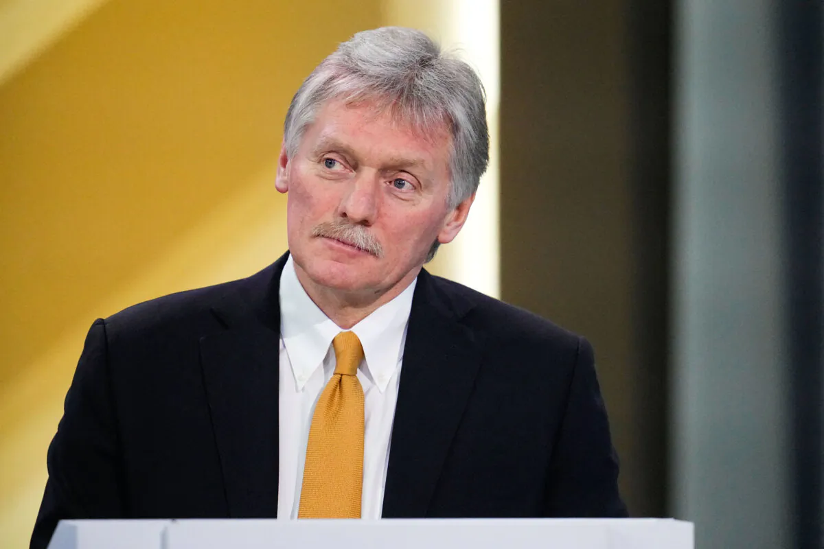 Kremlin spokesman Dmitry Peskov moderates Russian President Vladimir Putin's year-end press conference at Gostiny Dvor exhibition hall in central Moscow on Dec. 14, 2023. (Alexander Zemlianichenko/POOL/AFP via Getty Images)