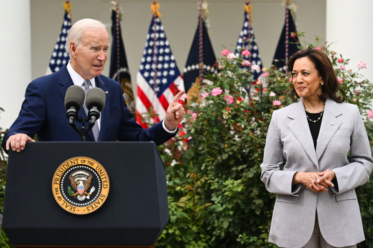Vice President Kamala Harris listens as President Joe Biden announces the White House Office of Gun Violence Prevention, in the Rose Garden of the White House on Sept. 22, 2023. (Saul Loeb/AFP via Getty Images)