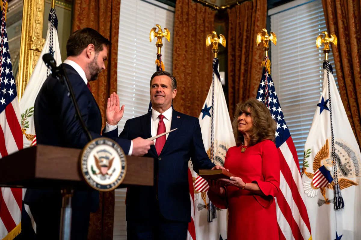 Vice President JD Vance swears in newly confirmed CIA Director John Ratcliffe while his wife, Michele Ratcliffe, looks on during a ceremony in the Eisenhower Executive Office Building at the White House on Jan. 23, 2025. (Kent Nishimura/Getty Images)