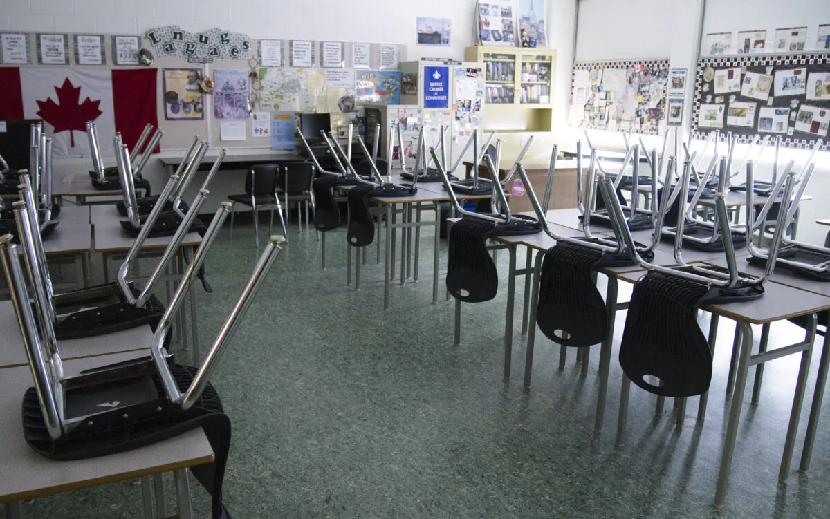 An empty classroom at Eric Hamber Secondary School in Vancouver on March 23, 2020. (The Canadian Press/Jonathan Hayward)