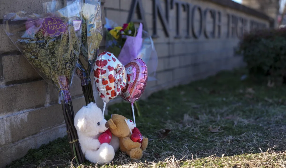 Flowers and stuffed animals at a memorial for victims of a shooting at Antioch High School in Nashville, Tenn., on Jan. 23, 2025. (George Walker IV/AP Photo)