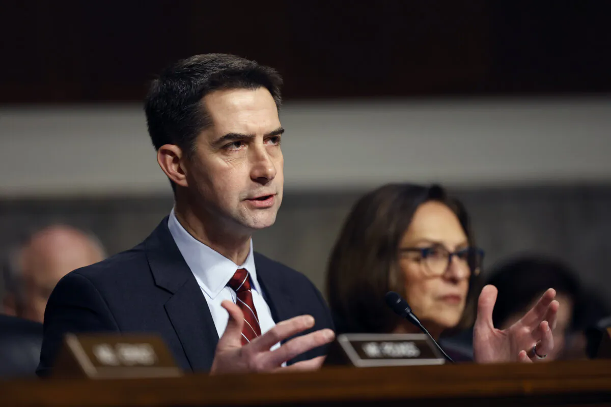 U.S. Sen. Tom Cotton (R-Ark.) questions U.S. President-elect Donald Trump's nominee for secretary of defense, Pete Hegseth, during his Senate Armed Services Committee confirmation hearing on Capitol Hill in Washington on Jan. 14, 2025. (Anna Moneymaker/Getty Images)
