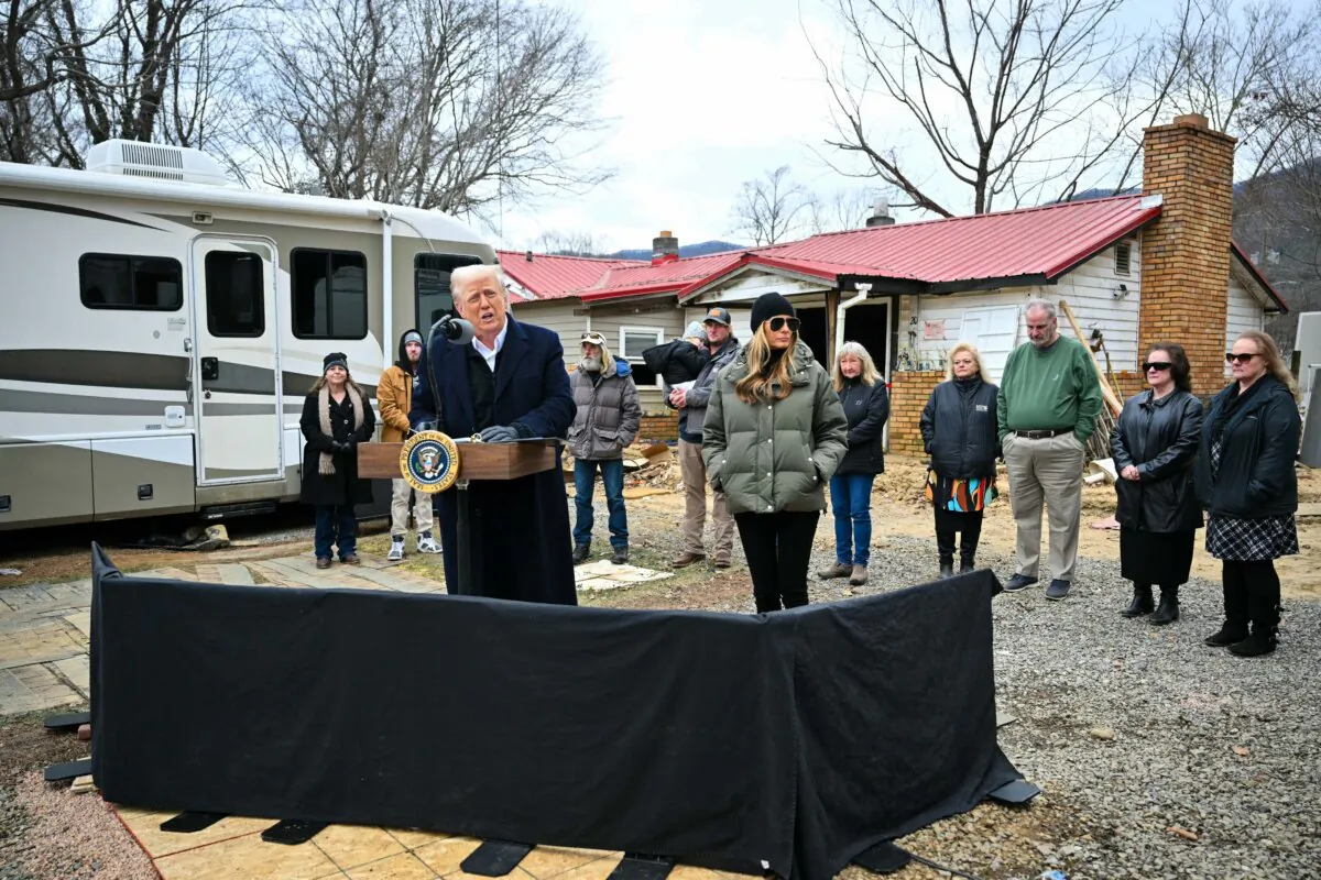 President Donald Trump speaks while visiting a neighborhood affected by Hurricane Helene in Swannanoa, N.C., on Jan. 24, 2025. (Mandel Ngan/AFP via Getty Images)