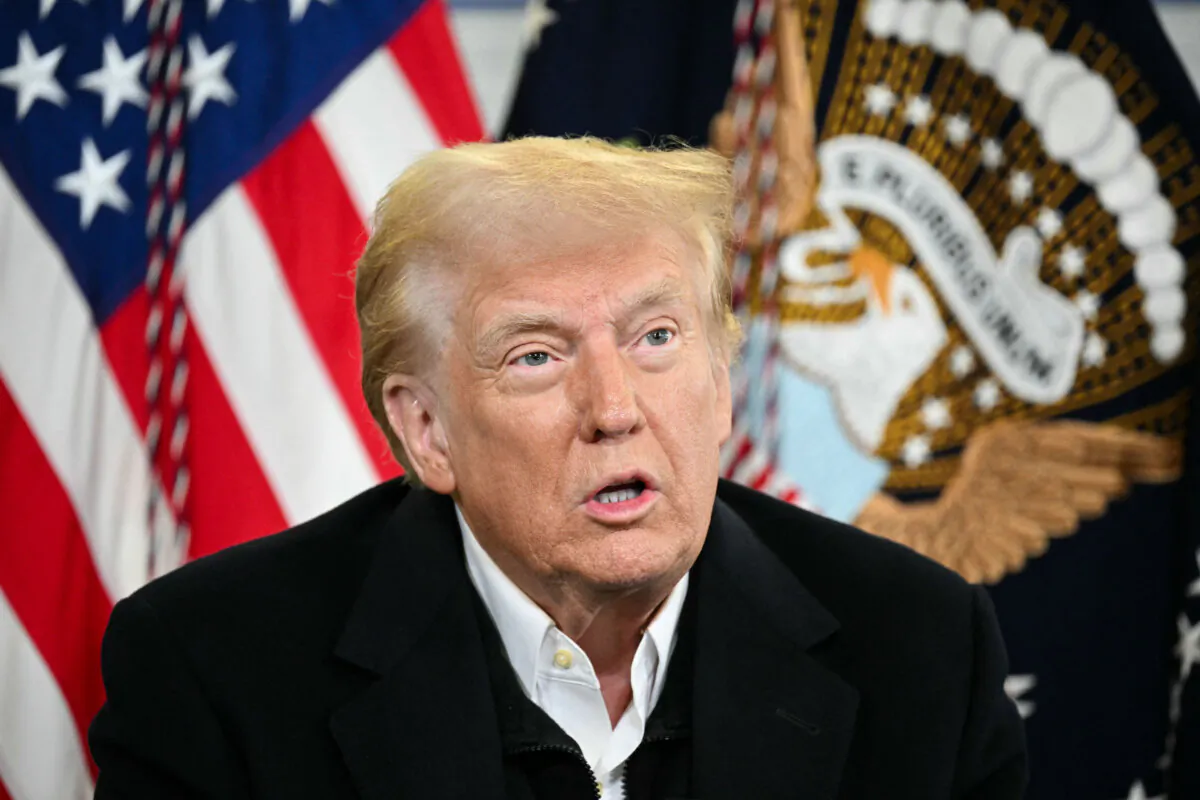 President Donald Trump speaks at a Hurricane Helene recovery briefing in a hangar at the Asheville Regional Airport in Fletcher, N.C., on Jan. 24, 2025. (Mandel Ngan/AFP via Getty Images)