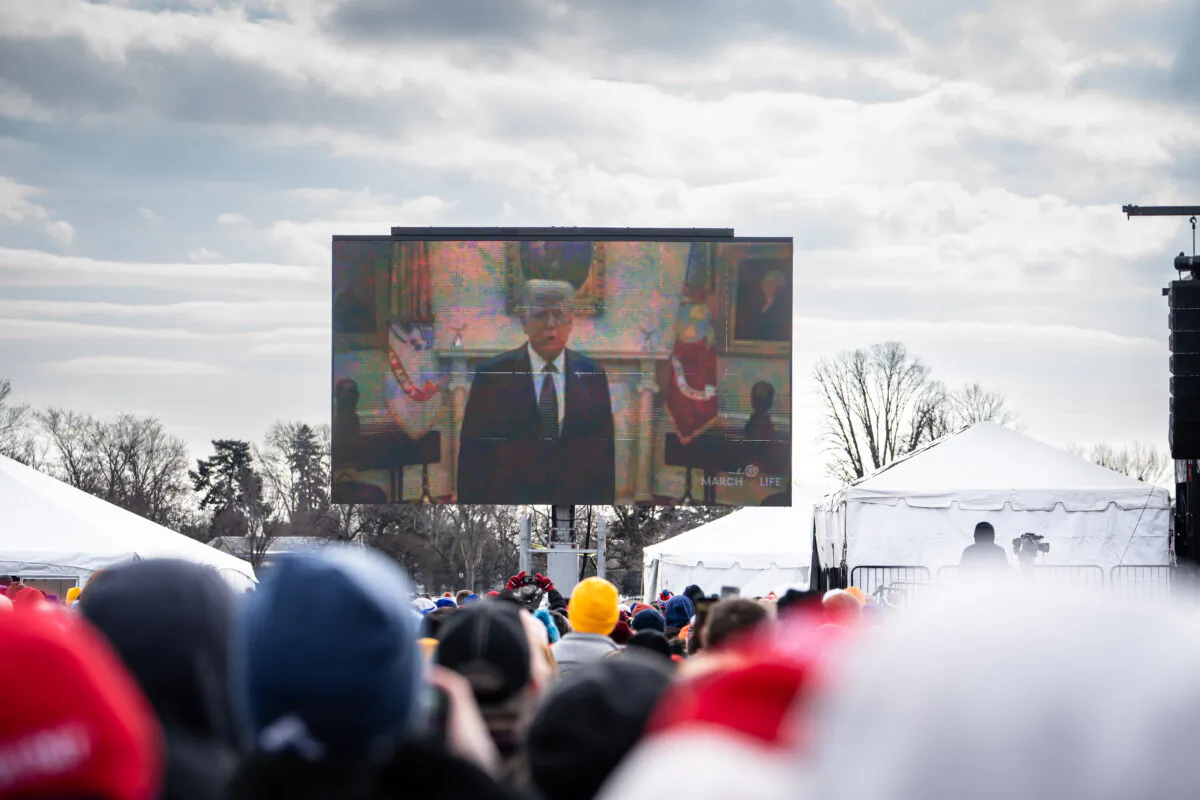 President Donald Trump delivers a video message ahead of the National March for Life in Washington on Jan. 24, 2025. (Madalina Vasiliu/The Epoch Times)