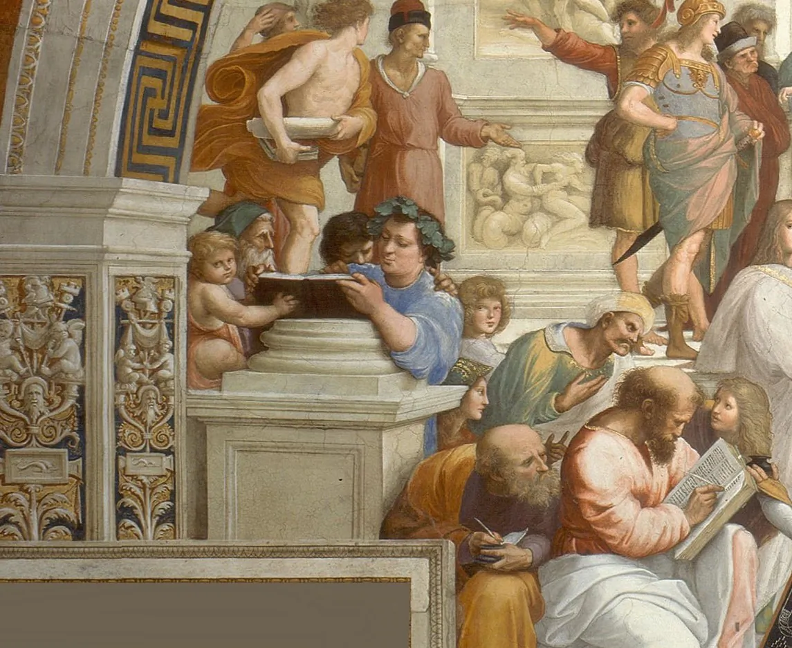 A detail from a "School of Athens" by Raphael. The Greek philosopher Epicurus (in blue, center) is known for promoting the pursuit of pleasure, but there's more to that story than meets the eye. (Public Domain)