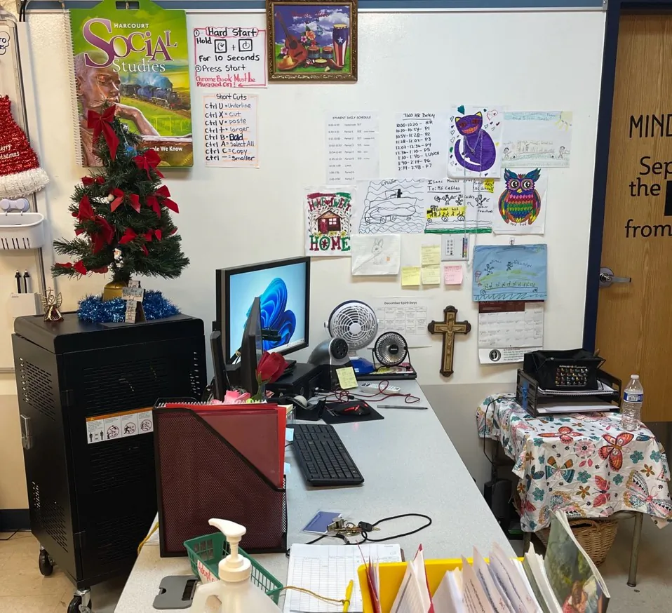 An undated photograph shows a crucifix in a small part of teacher Marisol Arroyo-Castro's workspace at DiLorento Elementary and Middle School in New Britain, Conn., before she was suspended for refusing to remove it. (Courtesy of First Liberty Institute)