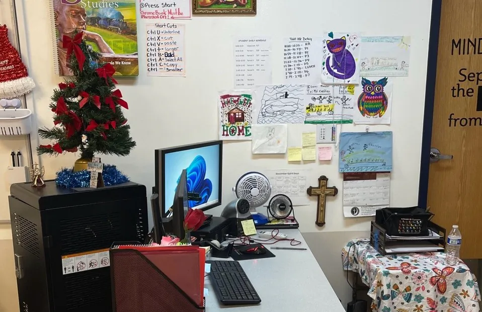 A crucifix occupied part of teacher Marisol Arroyo-Castro's workspace wall at DiLorento Elementary and Middle School in New Britain, Conn., before she was suspended for refusing to remove it. (Courtesy of First Liberty Institute)