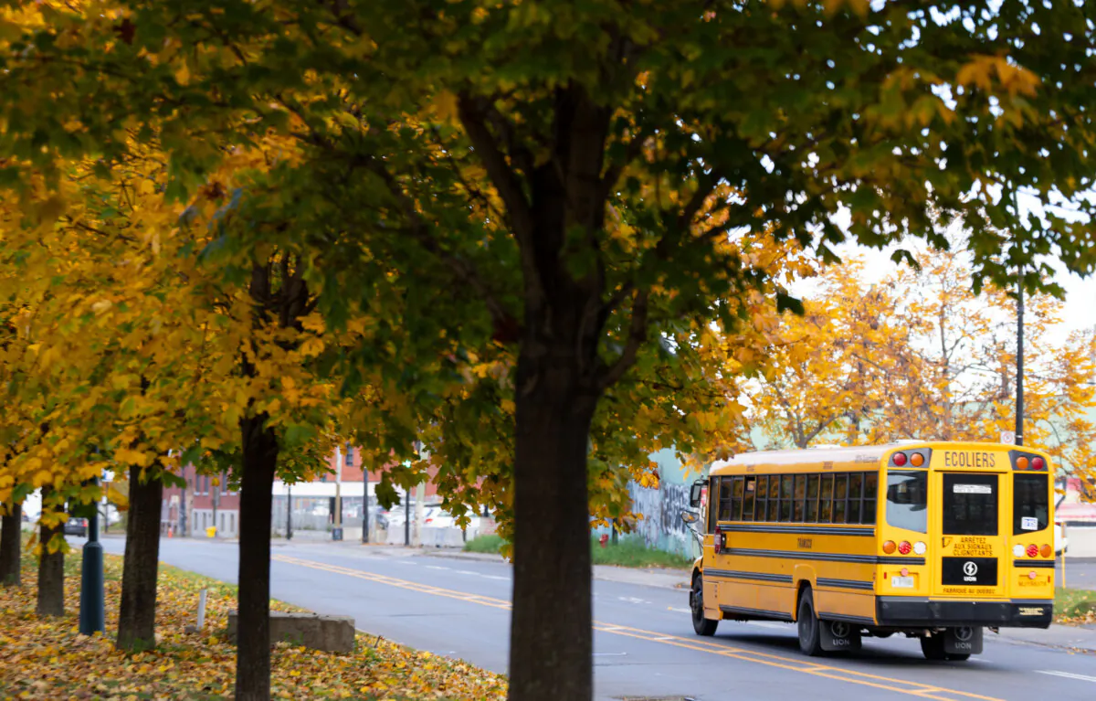 A school bus heads toward a school in Montreal on Oct. 24, 2024. (The Canadian Press/Christinne Muschi)
