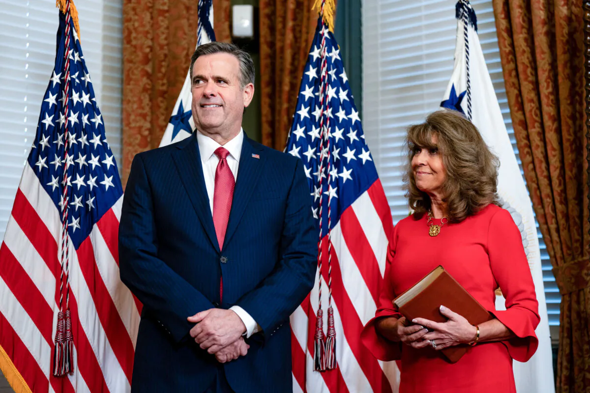 Newly confirmed CIA Director John Ratcliffe and his wife, Michele Ratcliffe, listen as Vice President JD Vance speaks during a swearing-in ceremony at the Eisenhower Executive Office Building at the White House on Jan. 23, 2025. (Kent Nishimura/Getty Images)
