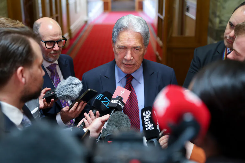 Deputy Prime Minister and NZ First Leader Winston Peters speaks to media at Parliament in Wellington, New Zealand, on Jan. 28, 2025. (Hagen Hopkins/Getty Images)