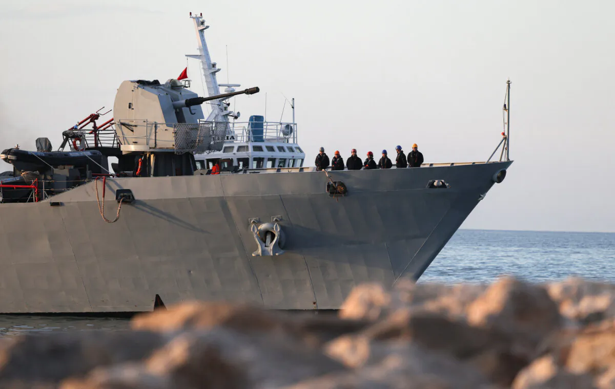 Italian navy ship Cassiopea, carrying migrants, arrives in Shengjin, Albania, on Jan. 28, 2025. (Reuters/Florion Goga)