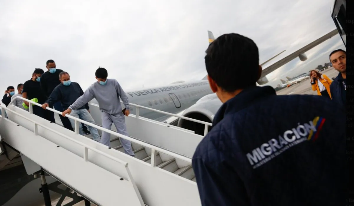 A photo uploaded on Jan. 28, 2025, shows Colombian nationals deported from the United States exiting a plane in Bogota, Colombia. (Colombian Ministry of Foreign Affairs via X.com)