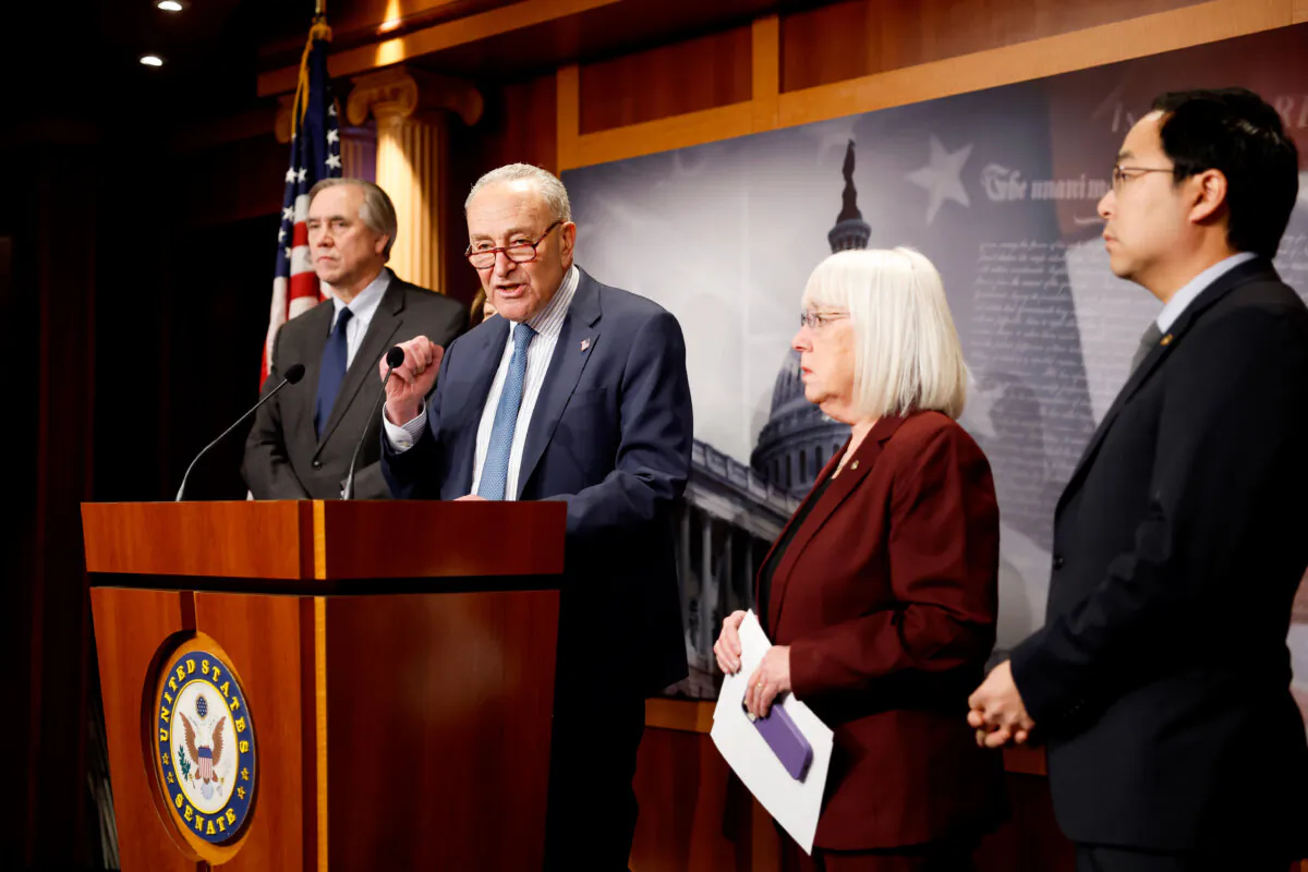Senate Minority Leader Chuck Schumer (D-NY) speaks alongside Sen. Jeff Merkley (D-OR), Sen. Patty Murray (D-WA) and Sen. Andy Kim (D-NJ) at a news conference at the U.S. Capitol Building in Washington, DC, on Jan. 28, 2025. (Anna Moneymaker/Getty Images)