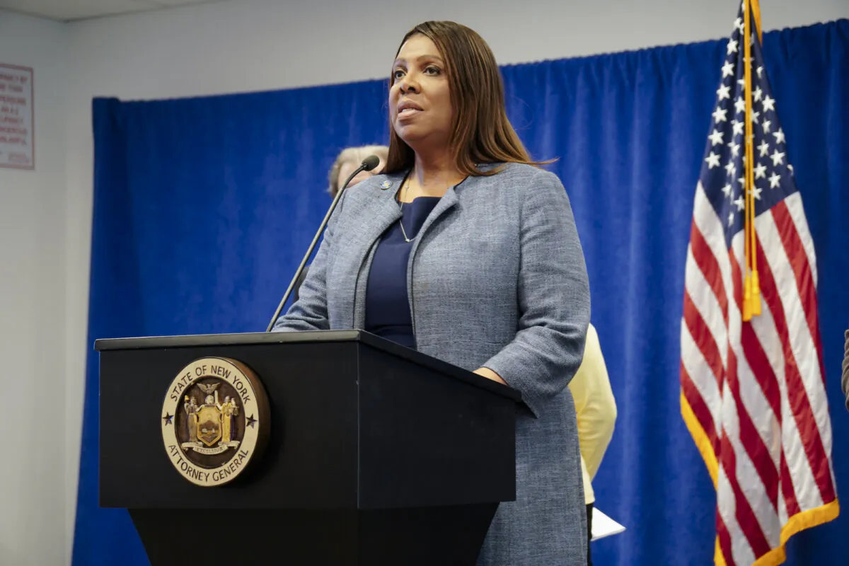 New York Attorney General Letitia James speaks at announcement on opioids in New York City on Jan. 23, 2025. (Oliver Mantyk/The Epoch Times