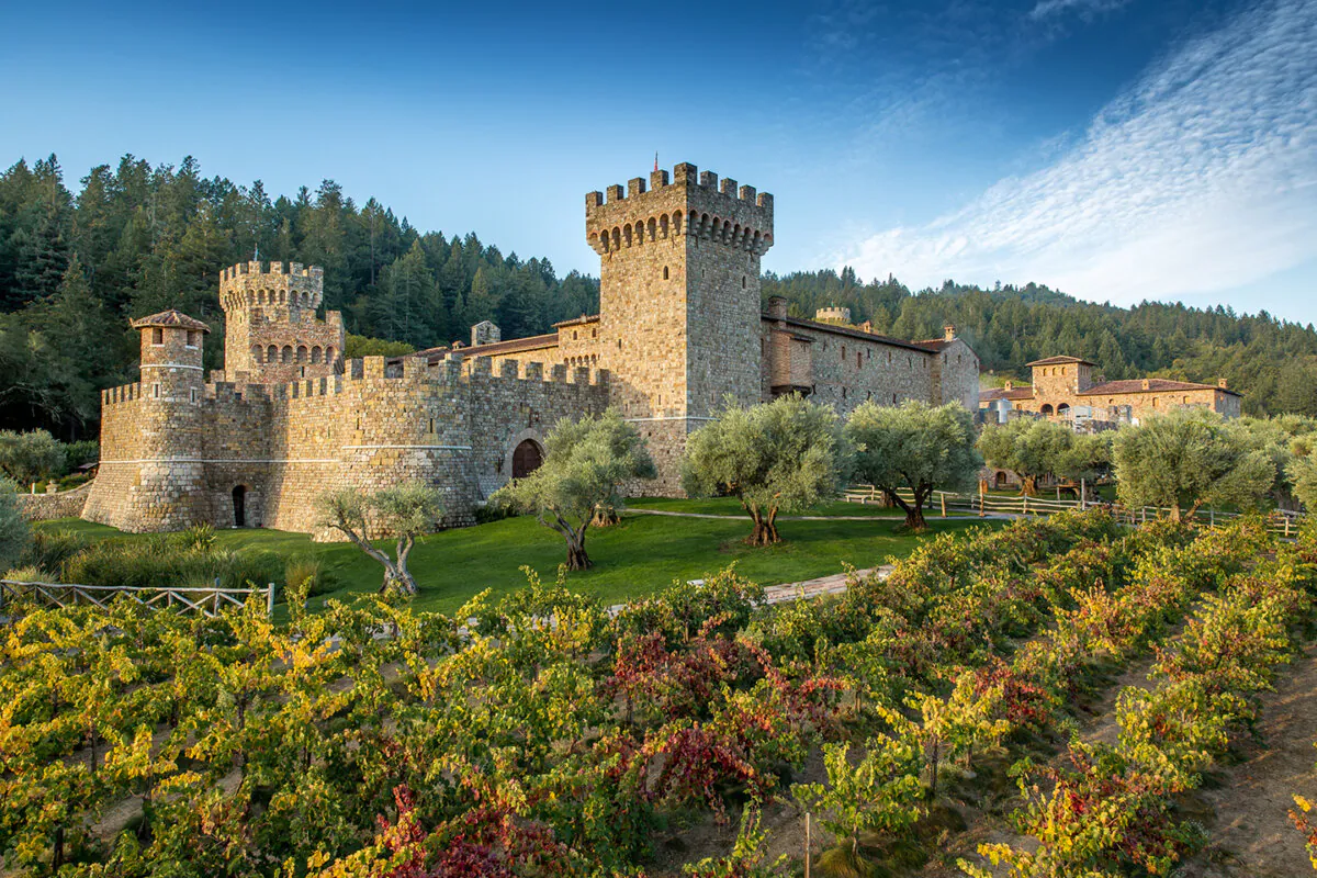 Over 8,000 tons of hand-chiseled, locally quarried stone and almost a million antique European bricks went into Castello di Amorosa’s construction. Owner Dario Sattui was “determined to make the Castello authentic in every respect.” Indeed, as is evident in this front view, the castle’s main architectural feature is its merlons, the solid, upright, square or rectangular section of a battlement—or open area at top of towers, turrets, and roofs—as well as its crenels, the spaces in between the merlons. Surrounding the castle are manicured lawns, trees, and acres of vineyards. (Castello di Amorosa)