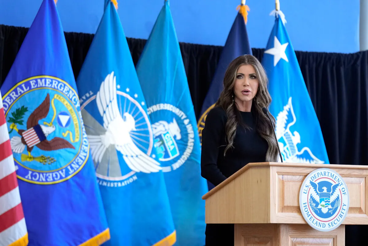 Homeland Security Secretary Kristi Noem speaks to employees at the Department of Homeland Security, Tuesday, Jan. 28, 2025, in Washington. (AP Photo/Manuel Balce Ceneta)