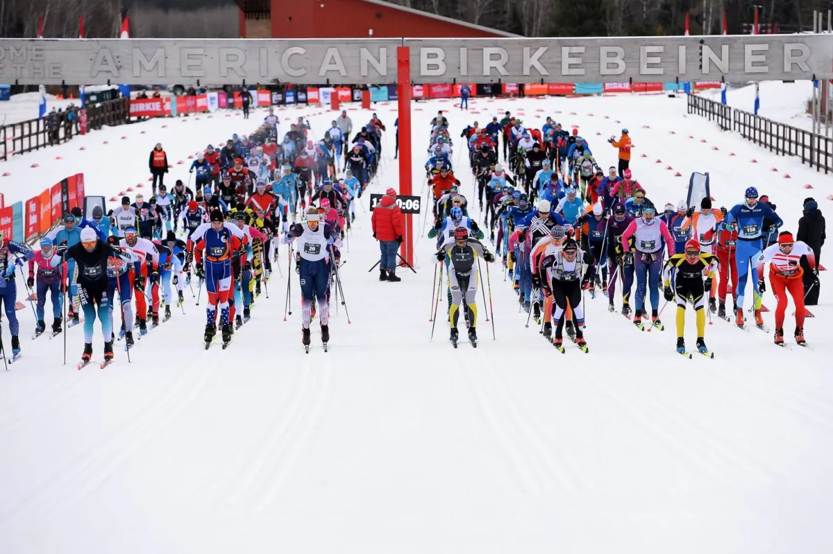 Skiers get ready at the start of the race. The 50-kilometer skate (freestyle) and 55-kilometer classic races are the main events. (Courtesy of American Birkebeiner Ski Foundation)