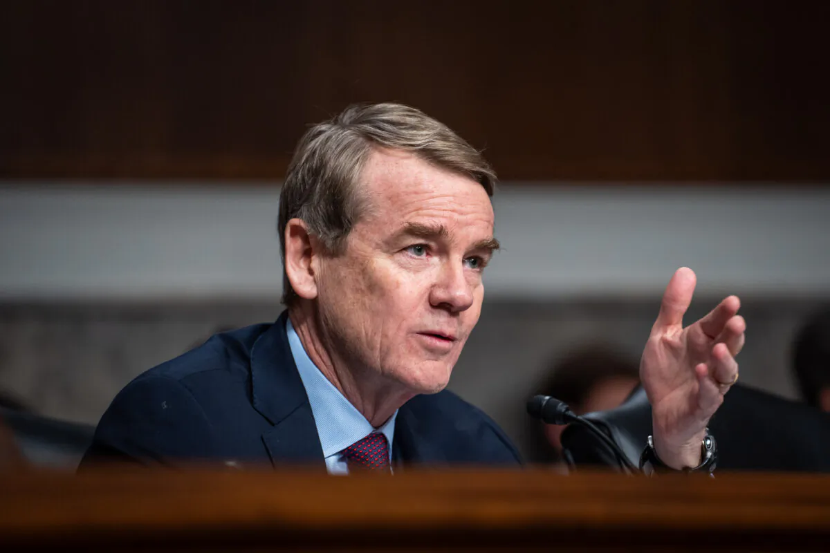Sen. Michael Bennet (D-Colo.) speaks during a hearing with then-nominee for health secretary Robert F. Kennedy, Jr., on Capitol Hill on Jan. 29, 2025. (Madalina Vasiliu/The Epoch Times)