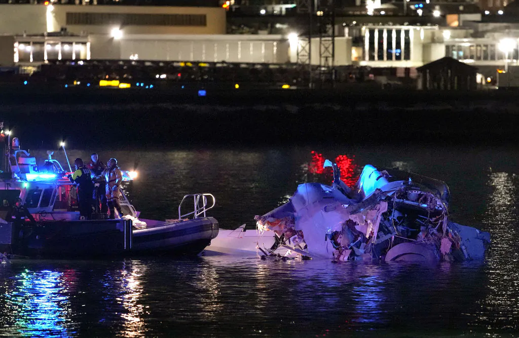 Emergency units respond after a passenger aircraft collided with a helicopter over the Potomac River near Ronald Reagan Washington National Airport in Arlington, Va., on Jan. 30, 2025. (Andrew Harnik/Getty Images)