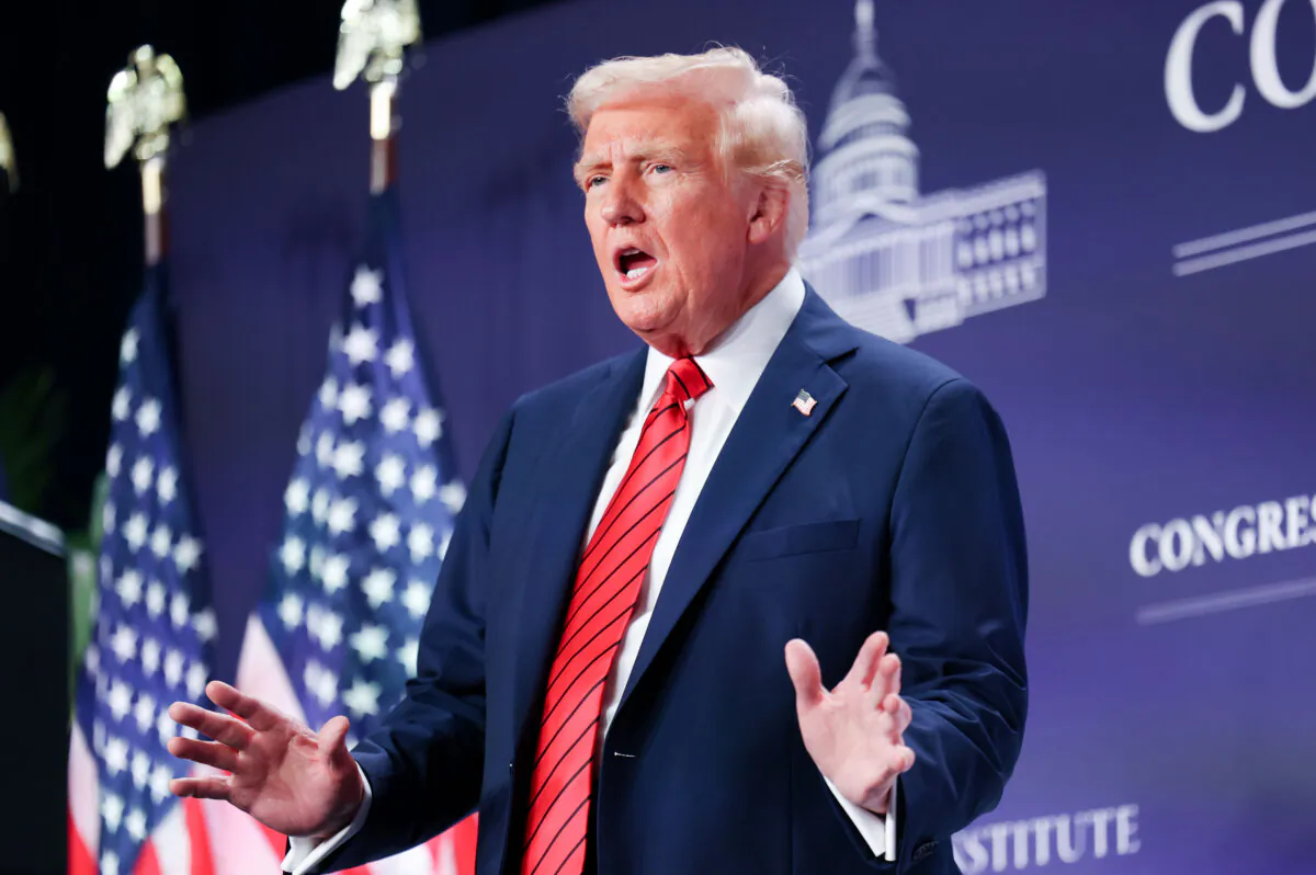 President Donald Trump addresses the 2025 Republican Issues Conference at the Trump National Doral Miami golf club on Jan. 27, 2025. (Joe Raedle/Getty Images)