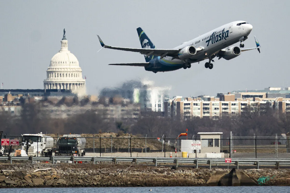 An Alaska Airlines plane takes off from Reagan National Airport on Jan. 30, 2025, in Arlington, Virginia. (Al Drago/Getty Images)
