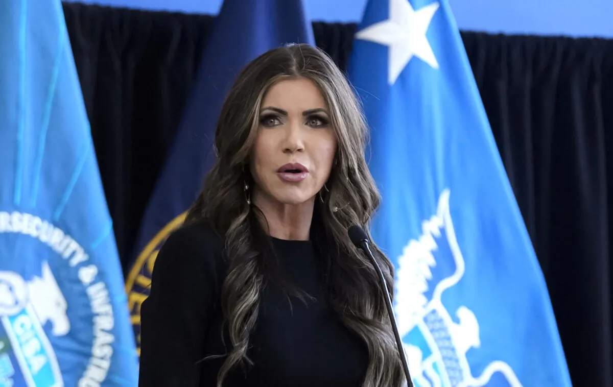 Secretary of Homeland Security Kristi Noem speaks to staff for the first time at Department of Homeland Security (DHS) headquarters in Washington on Jan. 28, 2025. (Manuel Balce Ceneta/Pool/AFP via Getty Images)