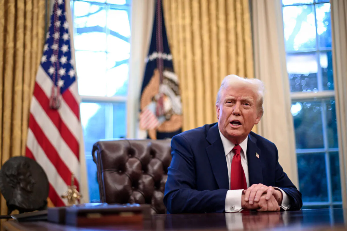 President Donald Trump speaks to journalists in the Oval Office of the White House in Washington on Jan. 30, 2025. (Roberto Schmidt/AFP via Getty Images)