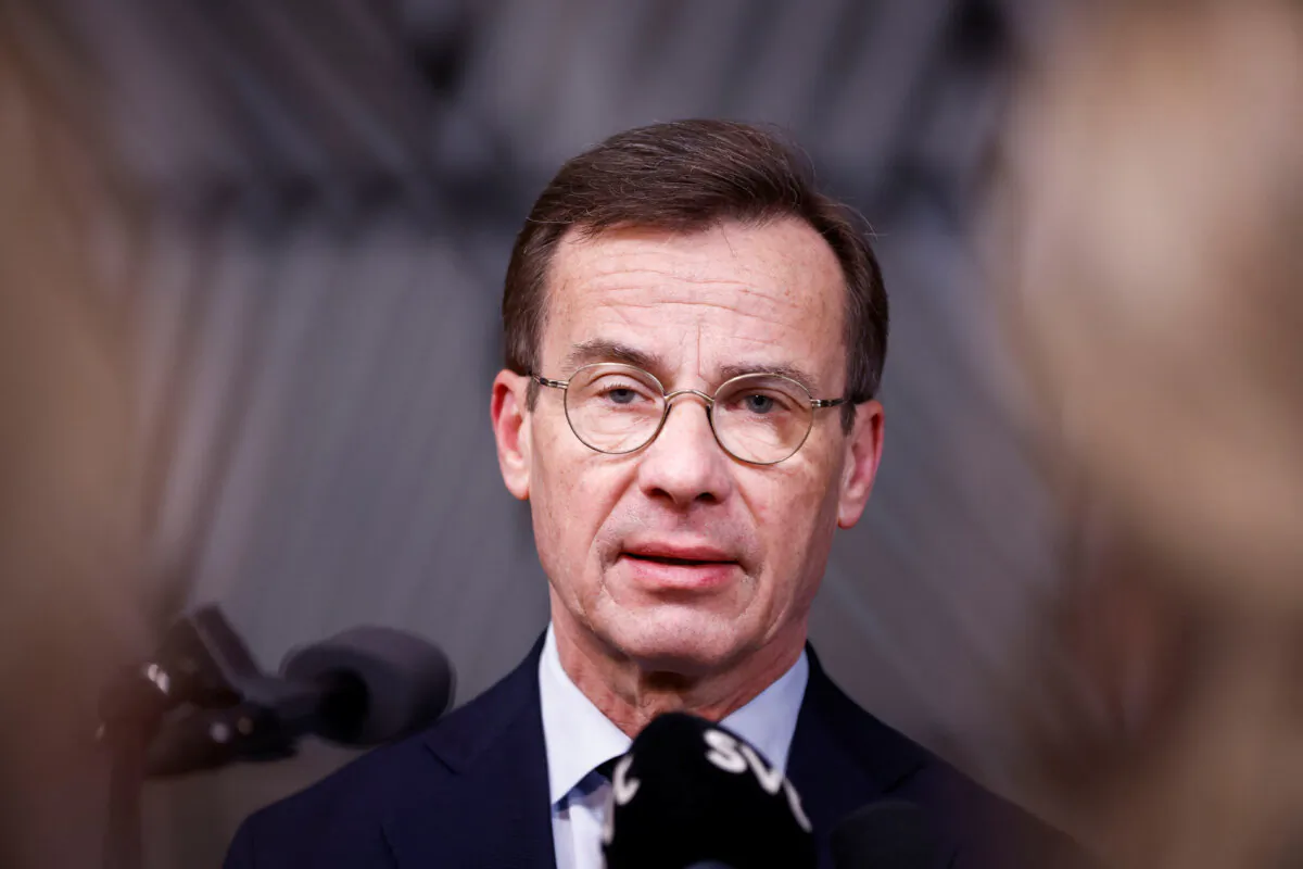 Prime Minister of Sweden Ulf Kristersson speaks at a summit of European Union leaders in Brussels on Dec. 19, 2024. (Johanna Geron/Reuters)