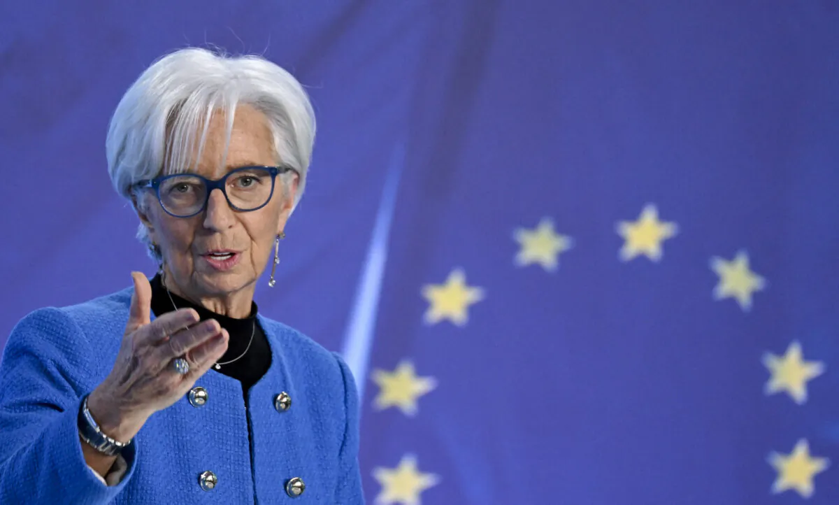 European Central Bank President Christine Lagarde addresses a press conference at the central bank's headquarters in Frankfurt am Main, Germany, on Jan. 30, 2025. (Kirill Kudryavtsev/AFP/Getty Images)