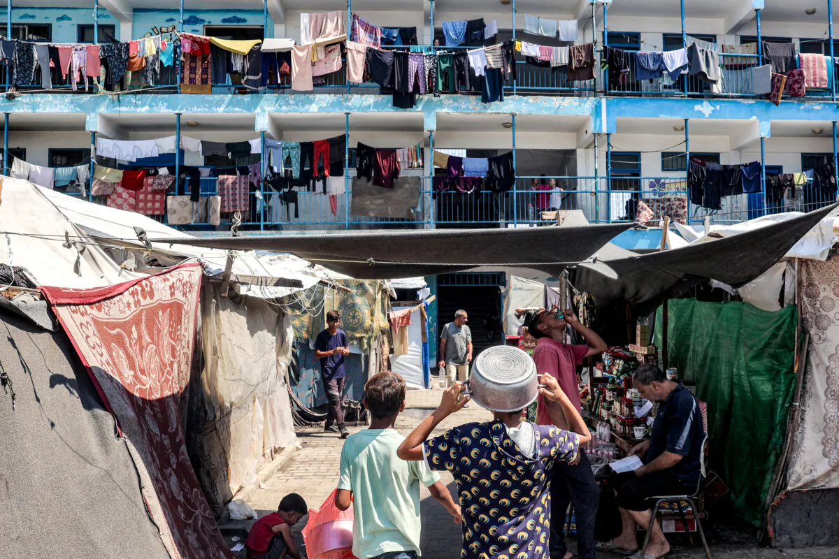 An overview shows a make-shift camp for people displaced by conflict at a school run by the UNRWA in Deir el-Balah in the central Gaza Strip on Sept. 9, 2024. (Eyad Baba/AFP via Getty Images)