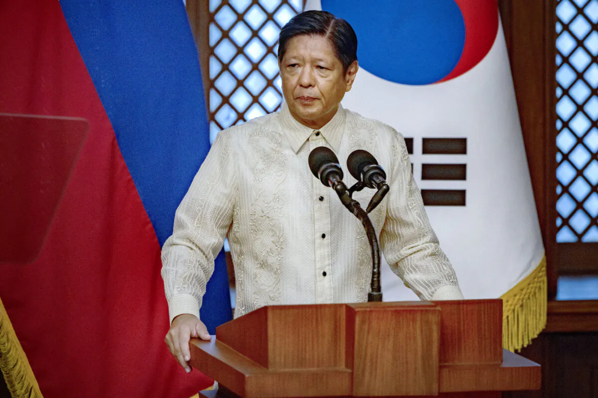 Philippine President Ferdinand Marcos delivers a speech at the Malacanang Palace in Manila on Oct. 7, 2024. (Ezra Acayan/POOL/AFP)