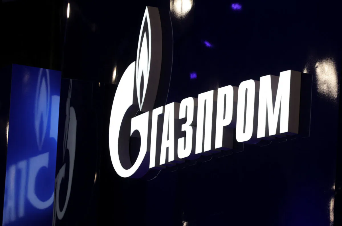 A board with the logo of Russian gas producer Gazprom at the St. Petersburg International Economic Forum in Saint Petersburg, Russia, on June 5, 2024. (Reuters/Anton Vaganov)
