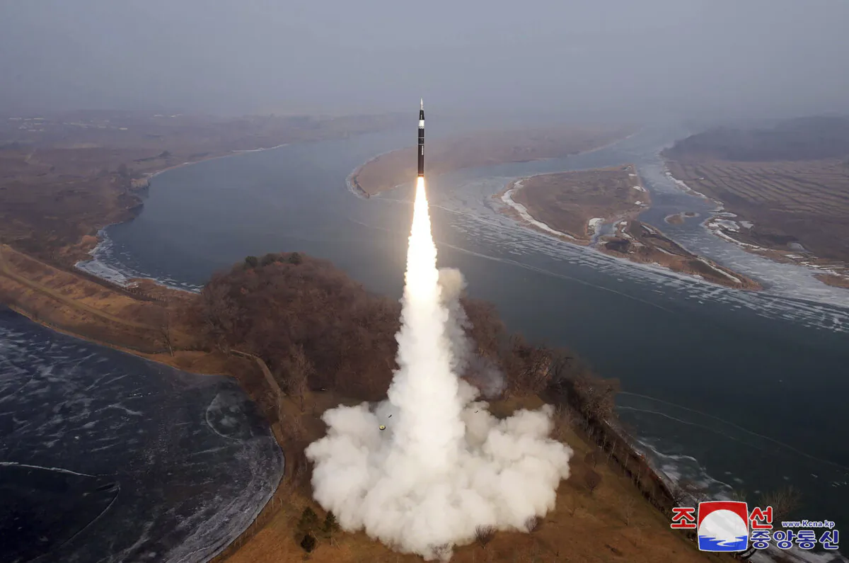 A photo shows what the North Korean regime said was a test fire of a new intermediate-range hypersonic ballistic missile at an undisclosed location in North Korea on Jan. 6, 2025. (Korean Central News Agency/Korea News Service via AP)
