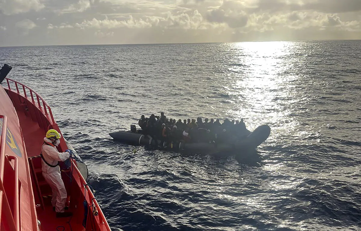 Migrants crowd a rubber dinghy during a perilous crossing of the Atlantic Ocean from Africa to reach the Canary Islands, Spain, on Jan. 6, 2025. (Salvamento Maritimo via AP)