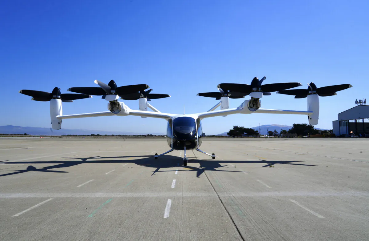 An “electric vertical take-off and landing” aircraft built by Joby Aviation is parked at an airfield in Marina, Calif. on Oct. 7, 2024. (Terry Chea/AP Photo)