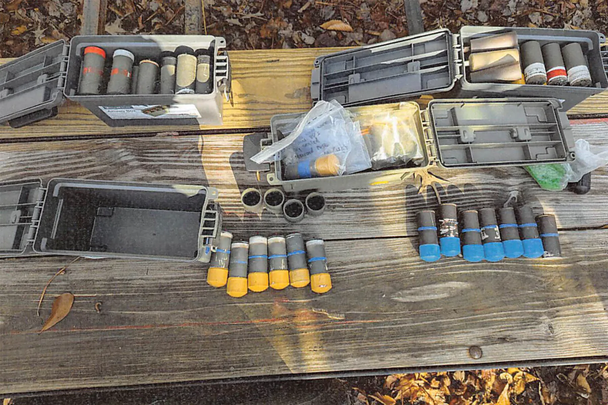 A stockpile of homemade explosives Federal agents seized when they arrested Brad Spafford, a Virginia man on a firearms charge in Dec. 2024. (U.S. Attorney’s Office, Eastern District of Virginia via AP)